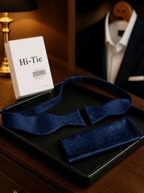 Men's Navy Blue Paisley Bow Tie and Pocket Square Set